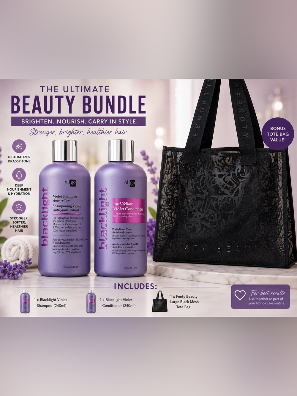 FENTY X Oligo Blacklight Beauty Bundle: Violet S/C + Mesh Tote Bag NEW